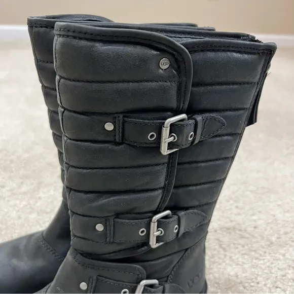 UGG Australia Women's Sz 5 Tatum Black Leather  Buckle Moto Riding Boots 1001833