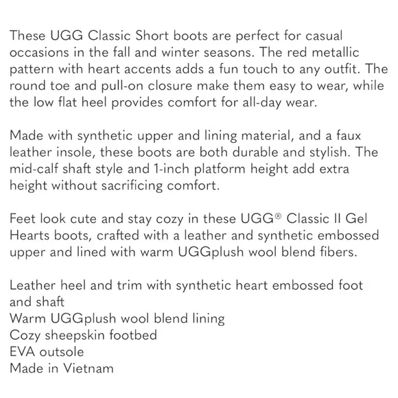 UGG Big Girl/Women’s Classic ll Gel Heart Boots Metallic Hearts Size 5