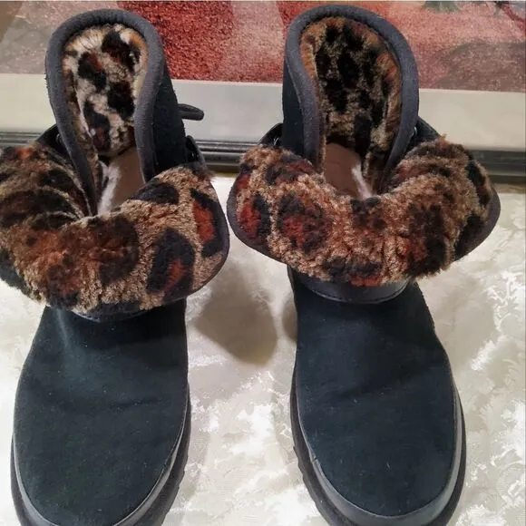 UGG Black Classic Leopard Lined Boots Size 6