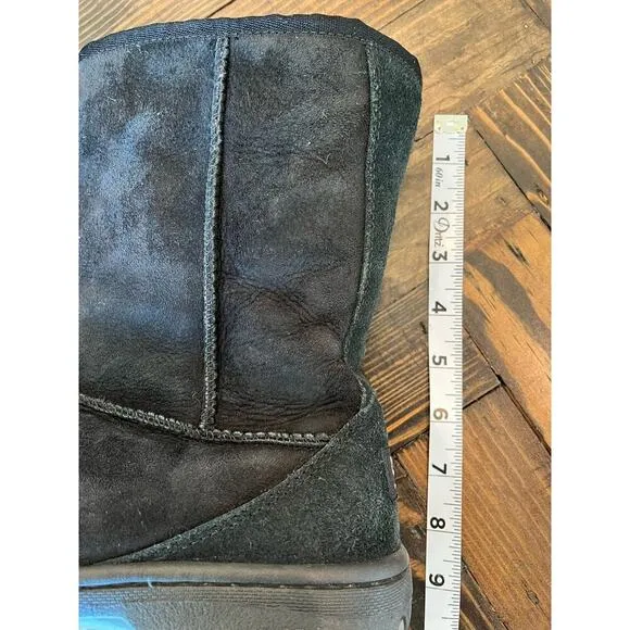 UGG Black Leather Fur Slip On Boots Women W8 Rubber Sole Mobwife Comfy Fuzzy