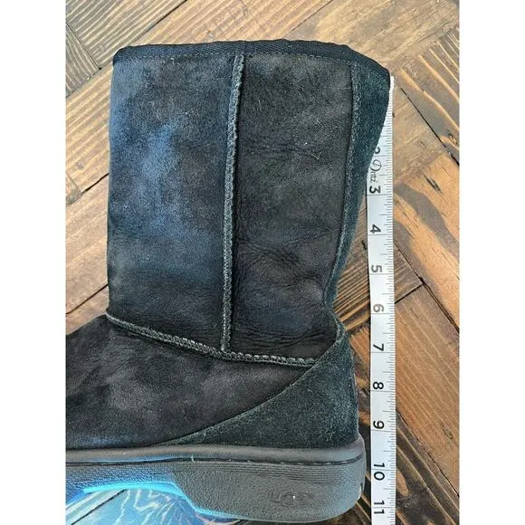 UGG Black Leather Fur Slip On Boots Women W8 Rubber Sole Mobwife Comfy Fuzzy