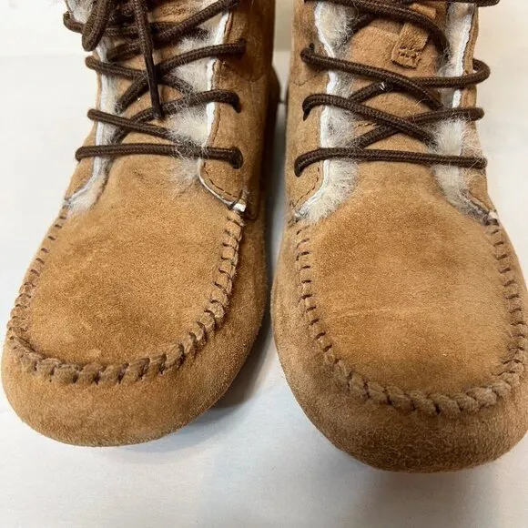 UGG Chickaree Boots Chestnut Brown Suede Lined Womens Short Moccassin Size US 6