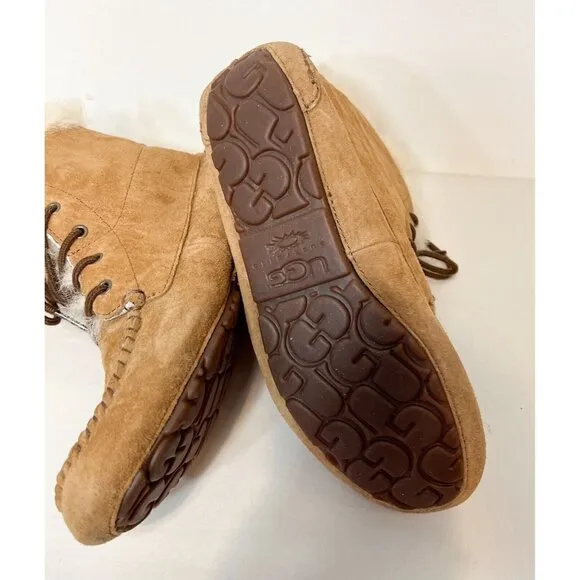 UGG Chickaree Boots Chestnut Brown Suede Lined Womens Short Moccassin Size US 6