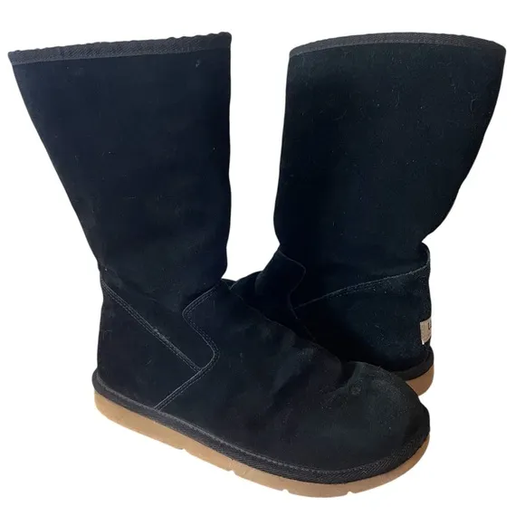 UGG Classic Black Suede Boots Zipper Tan Sheepskin Women's 8