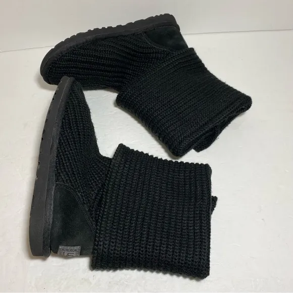UGG Classic Cardigan Black Tall Knit Boots Sheepskin Women's Size 6