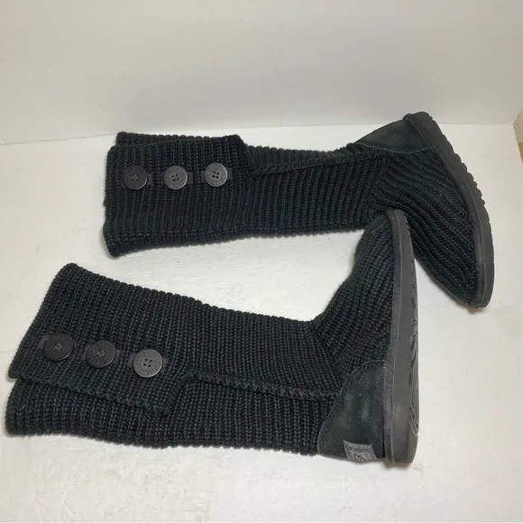 UGG Classic Cardigan Black Tall Knit Boots Sheepskin Women's Size 6