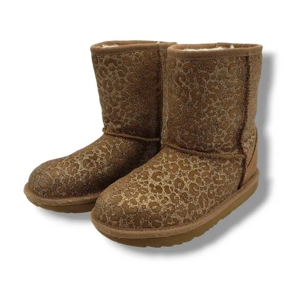 UGG Classic II Glitter Boots Kids Youth 4 Brown Leopard Suede 1112388K