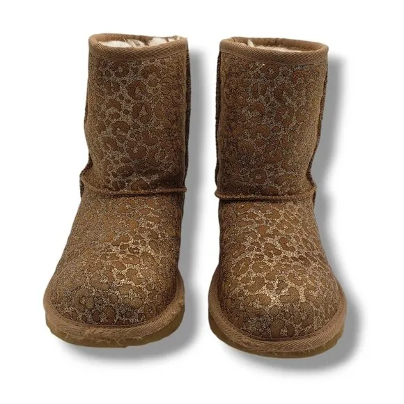 UGG Classic II Glitter Boots Kids Youth 4 Brown Leopard Suede 1112388K