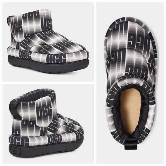 UGG Classic Maxi Wavelength Mini Women's Boots Black/White Logo Size 7 NEW