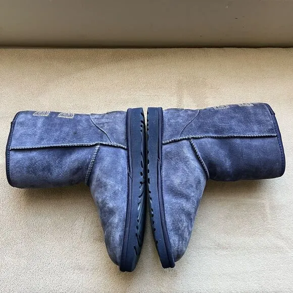 UGG Classic Short Swarovski Crystal Bow Boot Blue Suede Women 6 Sheepskin Cozy