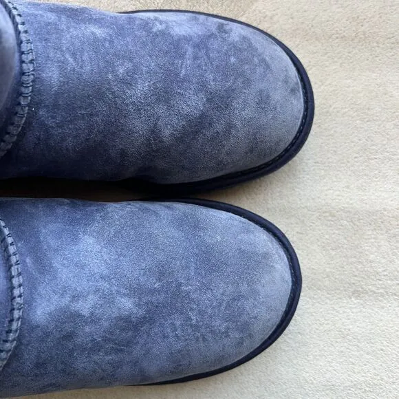 UGG Classic Short Swarovski Crystal Bow Boot Blue Suede Women 6 Sheepskin Cozy
