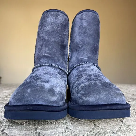 UGG Classic Short Swarovski Crystal Bow Boot Blue Suede Women 6 Sheepskin Cozy