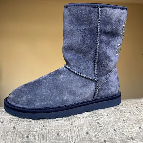 UGG Classic Short Swarovski Crystal Bow Boot Blue Suede Women 6 Sheepskin Cozy