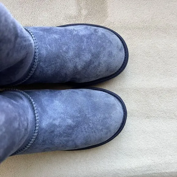 UGG Classic Short Swarovski Crystal Bow Boot Blue Suede Women 6 Sheepskin Cozy
