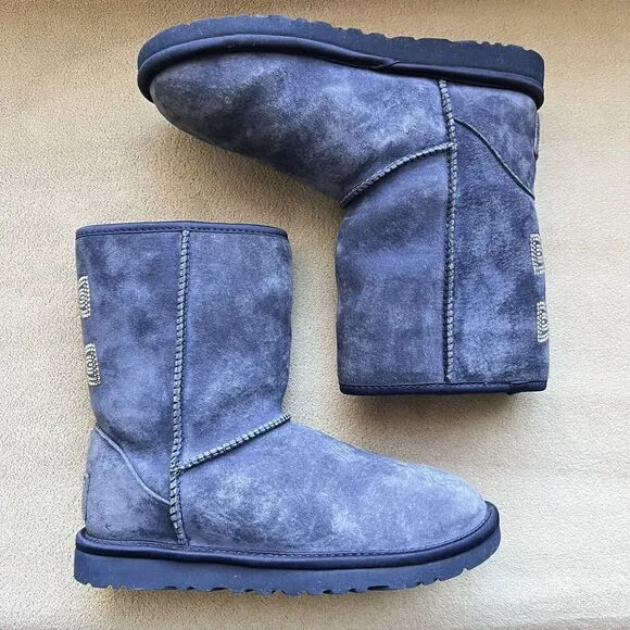 UGG Classic Short Swarovski Crystal Bow Boot Blue Suede Women 6 Sheepskin Cozy
