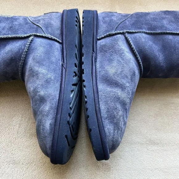 UGG Classic Short Swarovski Crystal Bow Boot Blue Suede Women 6 Sheepskin Cozy
