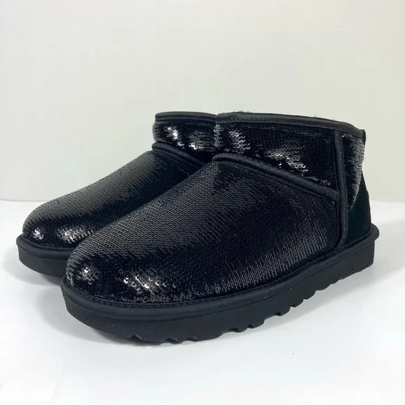 UGG Classic Ultra Mini Mirror Ball Boots Sequin Black Size 6 7 8 NEW 1151616