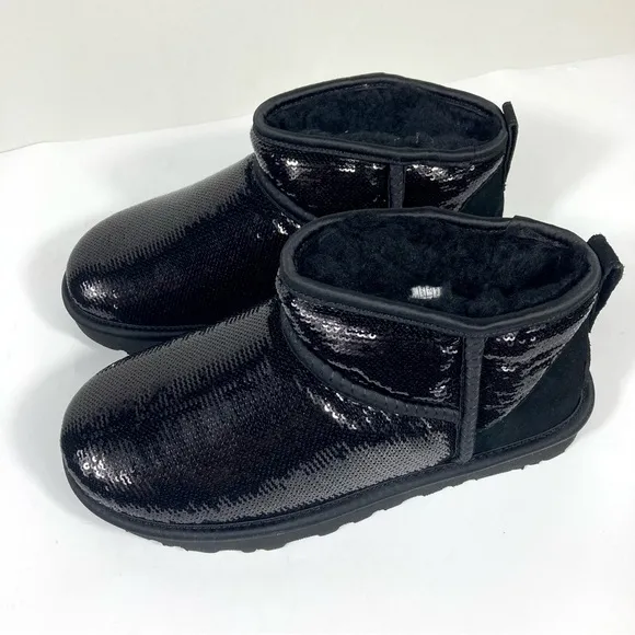 UGG Classic Ultra Mini Mirror Ball Boots Sequin Black Size 6 7 8 NEW 1151616