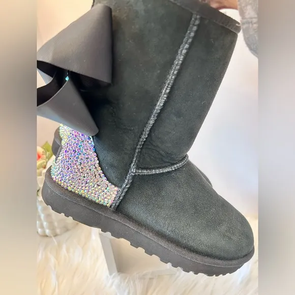 UGG Classic Women’s Custom Made Black Crystal Boots with Bows Size 8