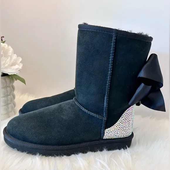 UGG Classic Women’s Custom Made Black Crystal Boots with Bows Size 8