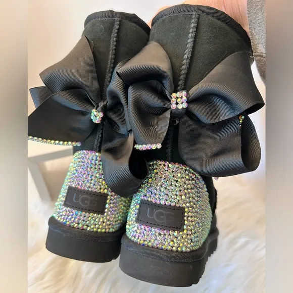 UGG Classic Women’s Custom Made Black Crystal Boots with Bows Size 8
