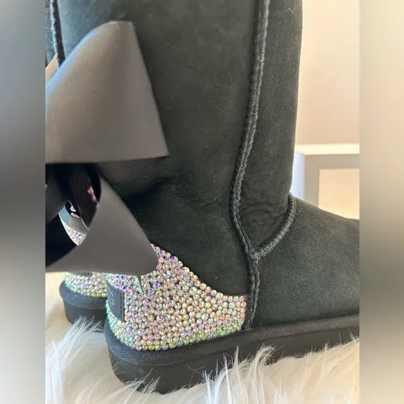 UGG Classic Women’s Custom Made Black Crystal Boots with Bows Size 8