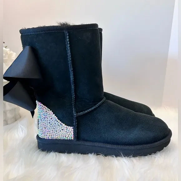 UGG Classic Women’s Custom Made Black Crystal Boots with Bows Size 8