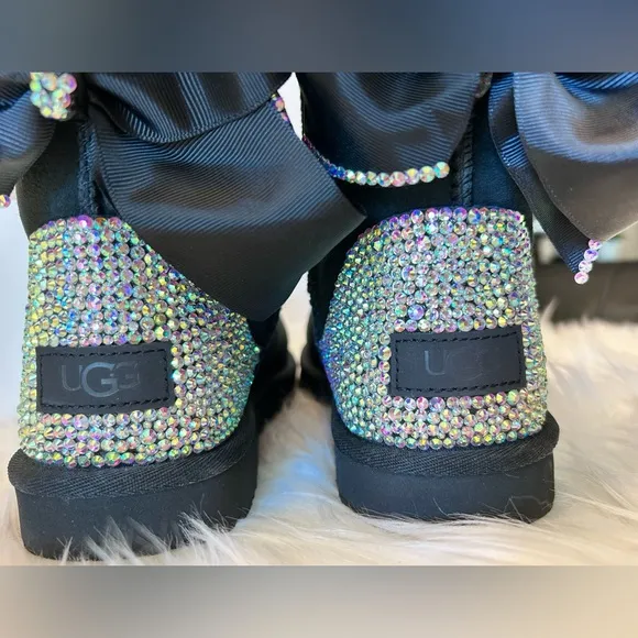 UGG Classic Women’s Custom Made Black Crystal Boots with Bows Size 8