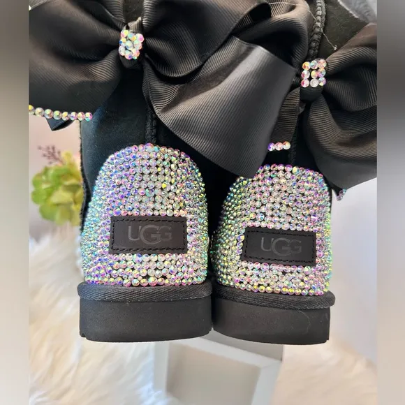 UGG Classic Women’s Custom Made Black Crystal Boots with Bows Size 8