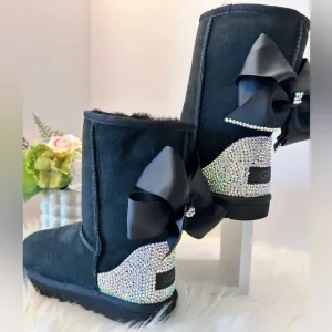 UGG Classic Women’s Custom Made Black Crystal Boots with Bows Size 8