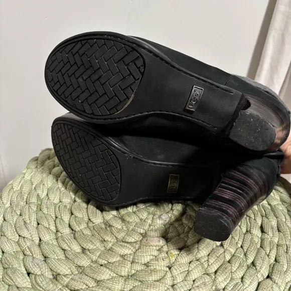 UGG Dandylion Black Nubuck Gray Shearling Cuff Slip On Heel Ankle Booties