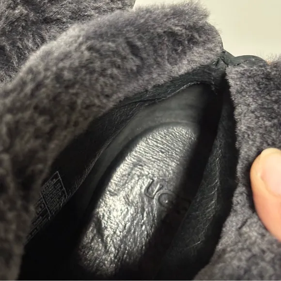 UGG Dandylion Black Nubuck Gray Shearling Cuff Slip On Heel Ankle Booties