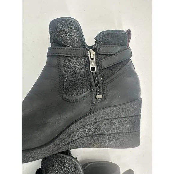 UGG Emalie Winter Ankle Wedge Boots Womens Size 7 EU 38 Black Leather Zip Buckle