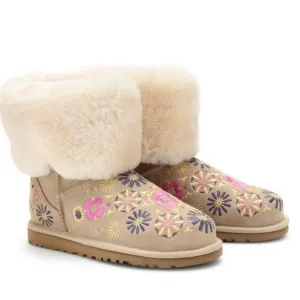 UGG EMBROIDERY TAN SUEDE SHEEPSKIN TRIM BOOTS SIZE 6
