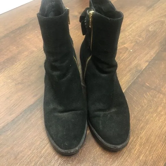 Ugg Fiase Whipstitched Suede Leather Bow Boots 9.5 Heeled Booties Ankle Black