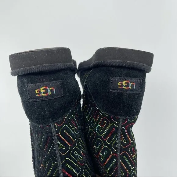 Ugg Girl’s Black Multicolor Classic II Graphic Stitch Boots Size 2