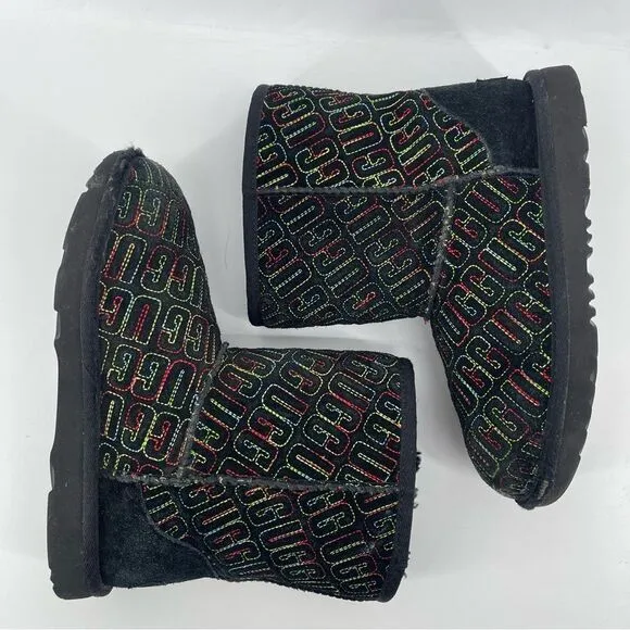Ugg Girl’s Black Multicolor Classic II Graphic Stitch Boots Size 2