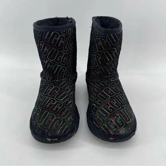 Ugg Girl’s Black Multicolor Classic II Graphic Stitch Boots Size 2