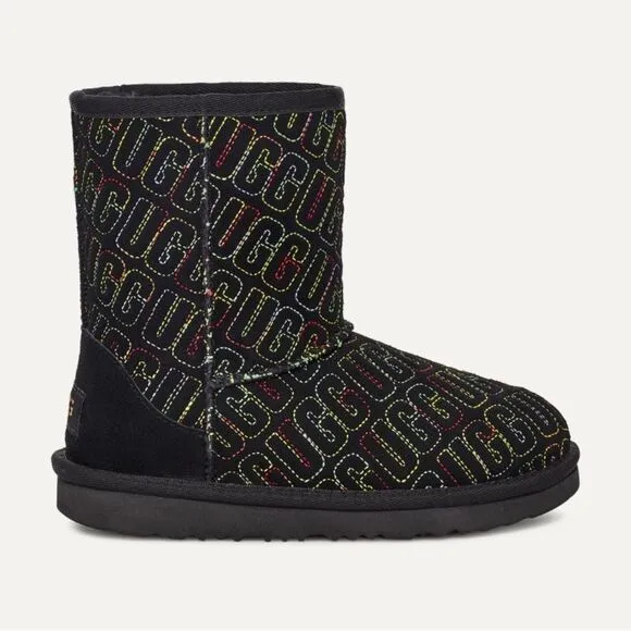 Ugg Girl’s Black Multicolor Classic II Graphic Stitch Boots Size 2
