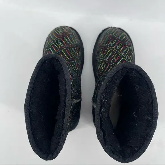 Ugg Girl’s Black Multicolor Classic II Graphic Stitch Boots Size 2