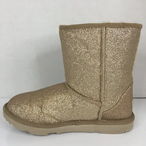 UGG Gold Glitter Sparkle Fur Boots Classic II Youth Size 5 Girls Kids 1098491K