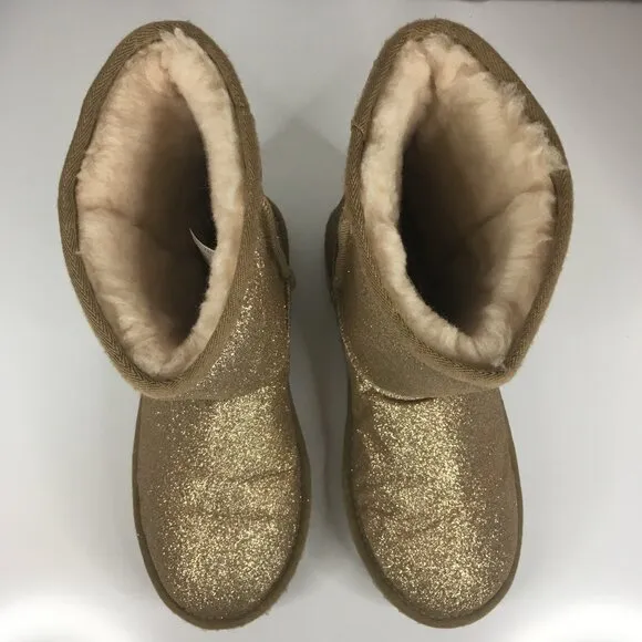 UGG Gold Glitter Sparkle Fur Boots Classic II Youth Size 5 Girls Kids 1098491K