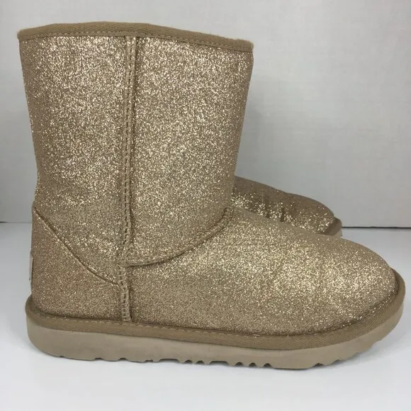 UGG Gold Glitter Sparkle Fur Boots Classic II Youth Size 5 Girls Kids 1098491K