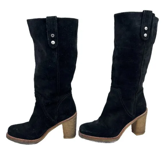 Ugg Josie Suede Leather Black Convertible Tall Heel Pull-On Boots Size 9