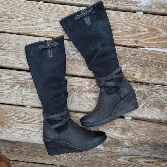 UGG Lesley Tall Leather Wedge Boots.