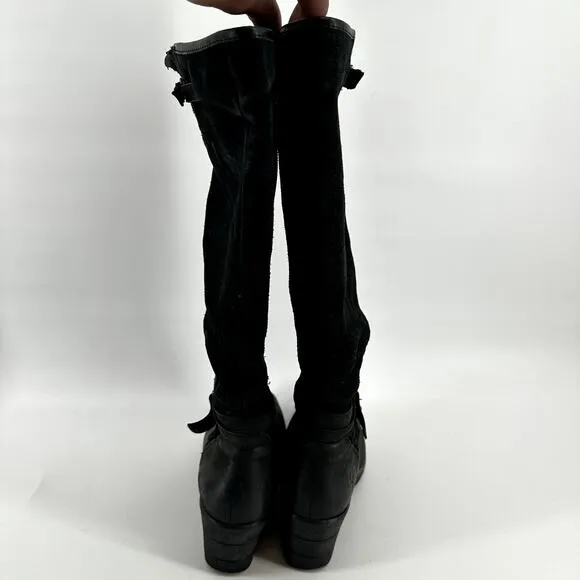 UGG Lesley Wedge Knee High Boots Waterproof Buckle Zip Suede Leather Black 6