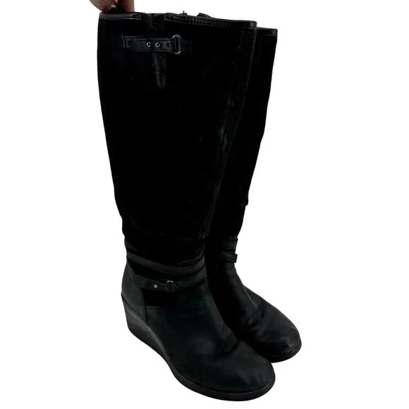 UGG Lesley Wedge Knee High Boots Waterproof Buckle Zip Suede Leather Black 6