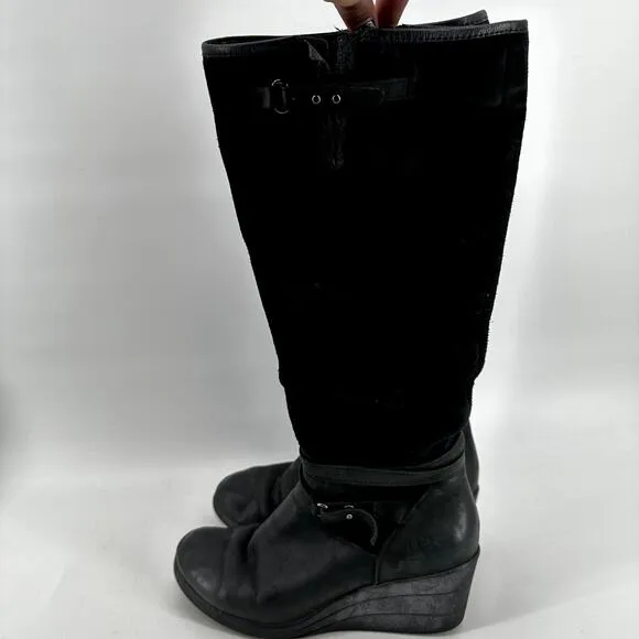 UGG Lesley Wedge Knee High Boots Waterproof Buckle Zip Suede Leather Black 6