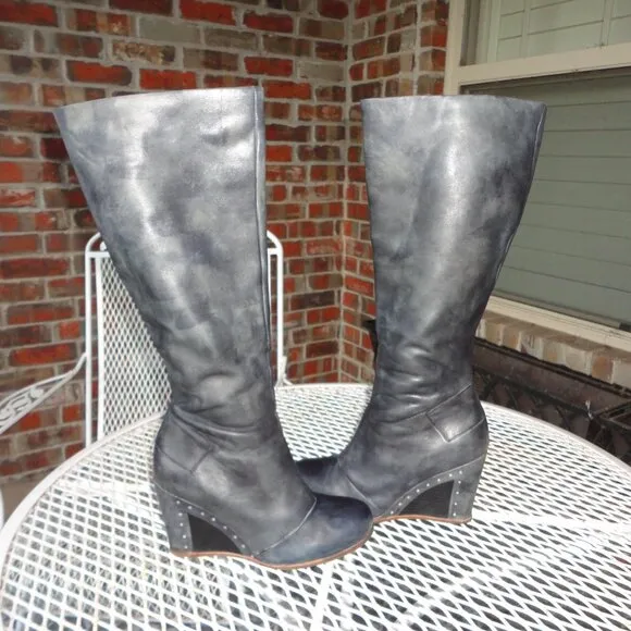 UGG Marbled Black Leather &quot;Kendrick&quot; Zip Up Wedge Heel Knee High Boots Sz 7