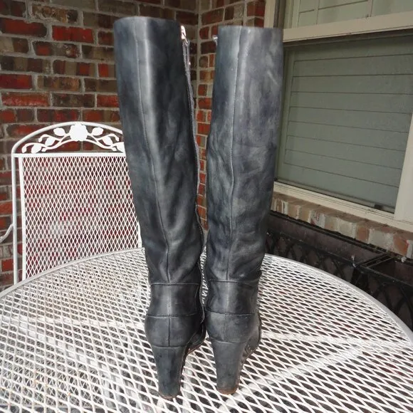 UGG Marbled Black Leather &quot;Kendrick&quot; Zip Up Wedge Heel Knee High Boots Sz 7
